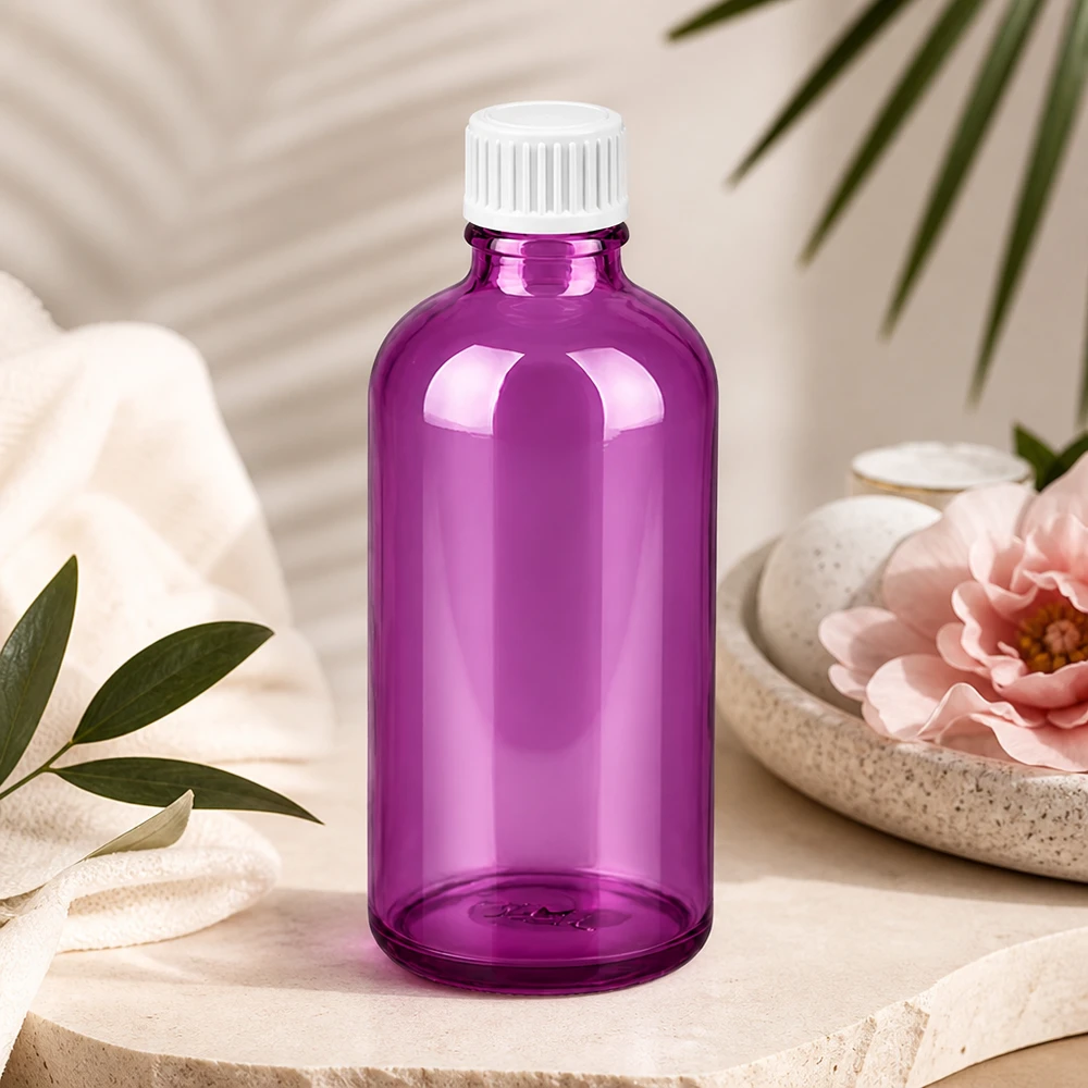 100 ml (globule) flaske 3 mm hældering hvid Standard PurpleLine. UT18/100 Kompakt 100 ml violet glasflaske med UT18-gevind til aromaterapiprodukter