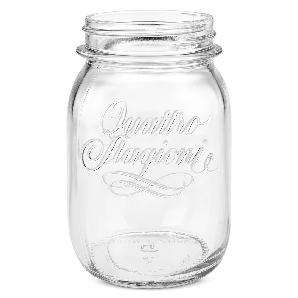 500 ml husholdningsglas "Quattro Stagioni" 500 ml Quattro Stagioni-konservesglas af klart glas med præget logo uden låg på hvid baggrund