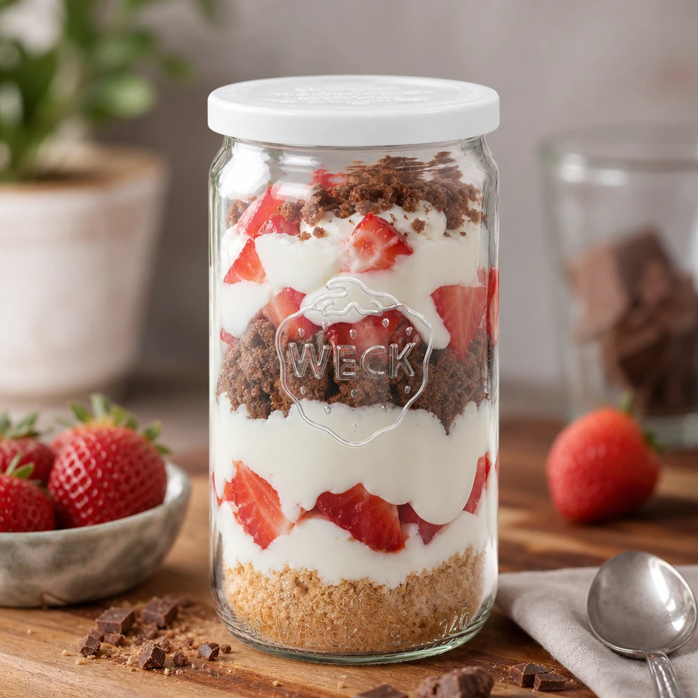340 ml cylindrisk krukke med friskhedslåg WECK RR60 WECK cylinderglas 340 ml som dessertglas med jordbær og fløde i lagdelt dessert dekorativt arrangeret
