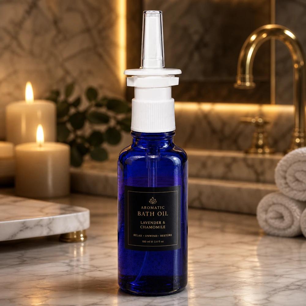Apoteksflaske blå 30 ml næseforstøver hvid St Lille 30 ml flaske til næsespray af koboltblåt apotekerglas med standardpumpehoved