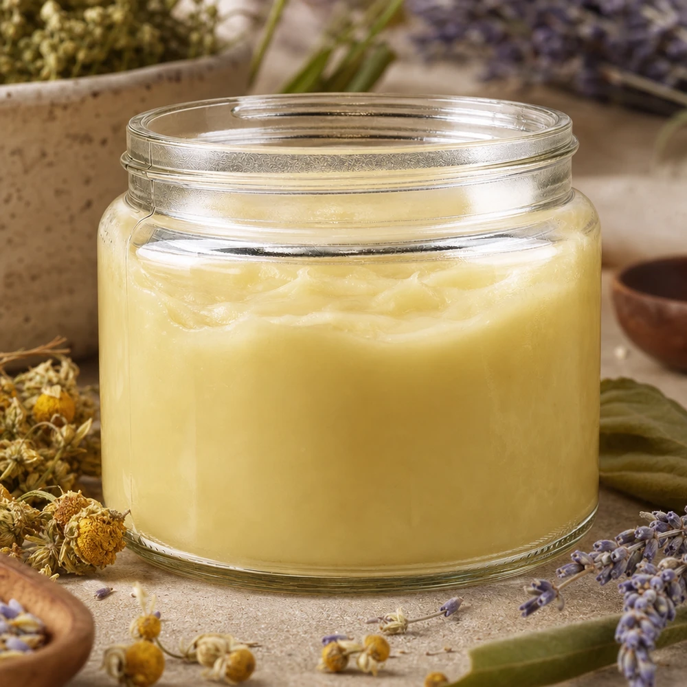 Salvebeholder (glasbeholder) 250 ml klar, uden låg, gevind 83mm/R3 Glastiegel 250ml mit cremiger gelber Salbe gefüllt umgeben von Kamillenblüten und Lavendel natürliche Hautpflege