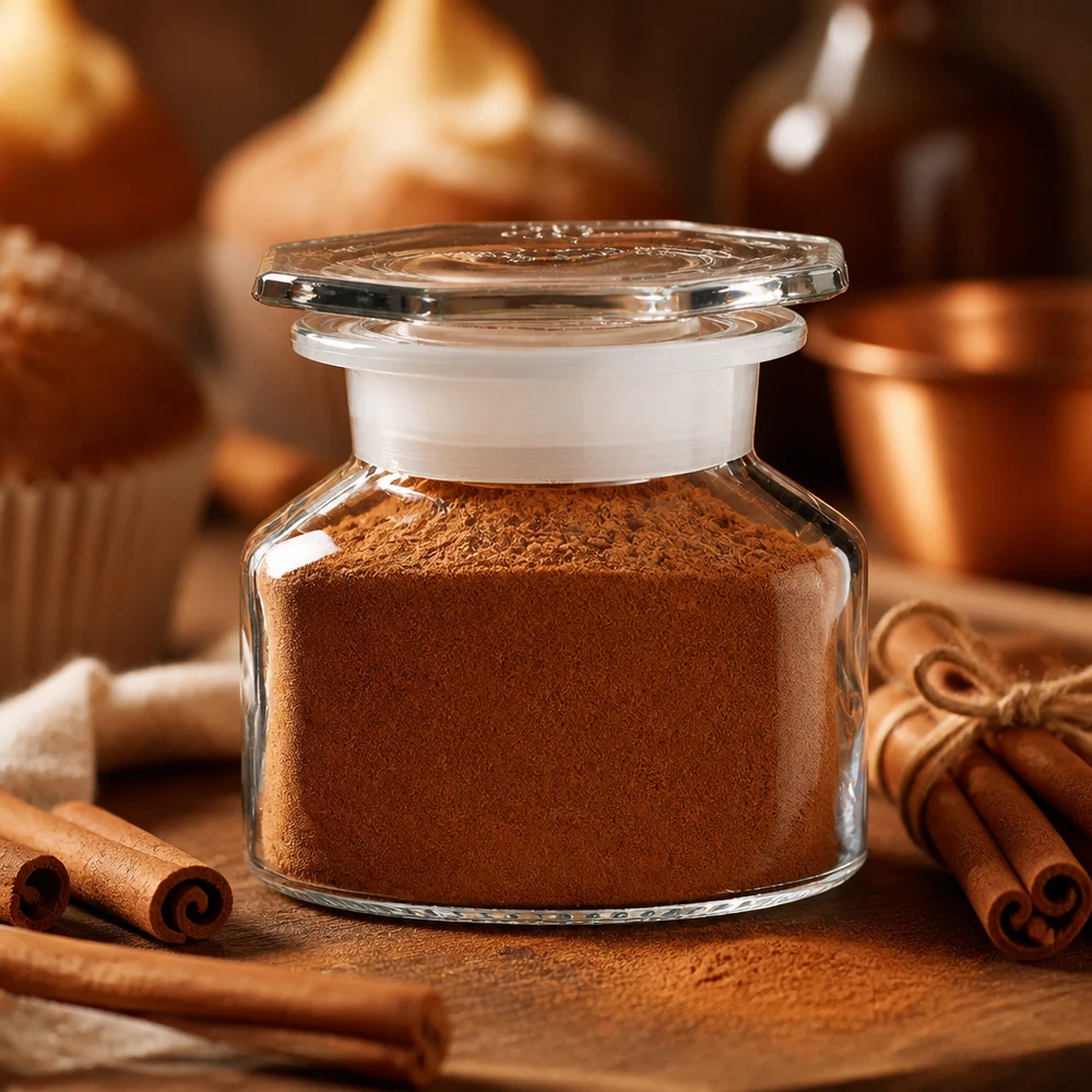 Idé til krydderiglas: 50 ml flaske med stejl hals og bred hals i klart glas Flaske med bred hals og skrå bryst, 50 ml, fyldt med kanelpulver og kanelstænger på en træunderlag
