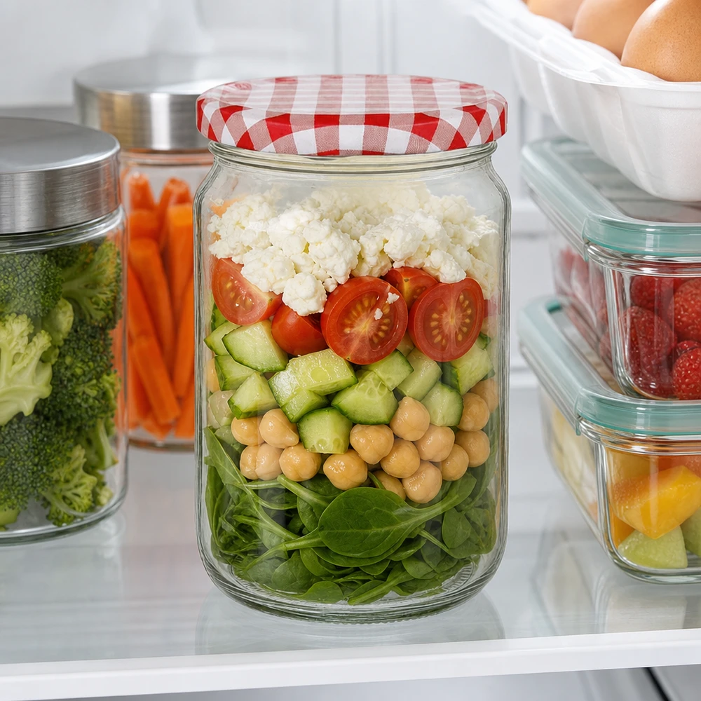 795 ml rund krukke med BasicSeal-låg rød/hvid UNiTWIST 795 ml rund krukke med BasicSeal-låg som meal prep-beholder med salat, kikærter og feta i køleskabet