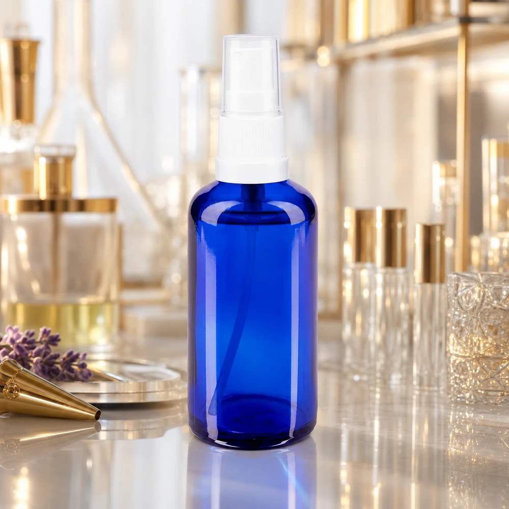 Koboltblå 50 ml apotekerglas-sprayflaske med hvid pumpesprøjte i parfymelaboratoriet
