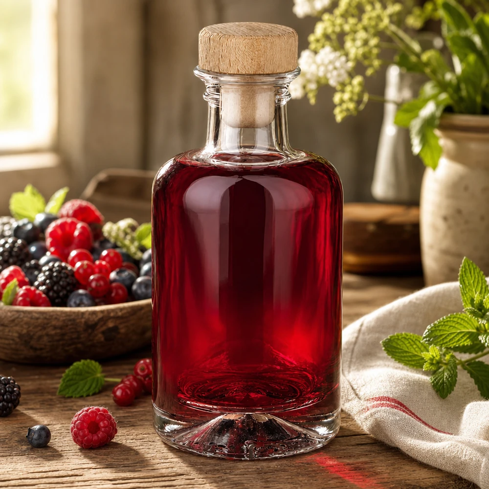 100 ml apoteksflaske Sofia med træhåndtag og prop UNiTWIST® 100ml Glasflasche Sofia mit Holzkorken gefüllt mit Beerenlikör zwischen frischen Beeren und Minze warme Küchenstimmung