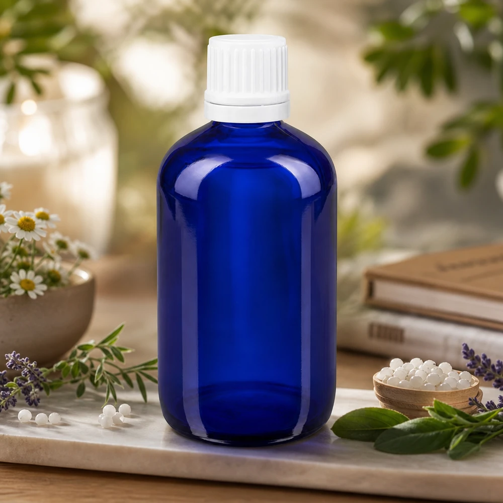 Koboltblå 100 ml apotekerdråbeflaske med hvid børnesikret låg blandt lægeurter