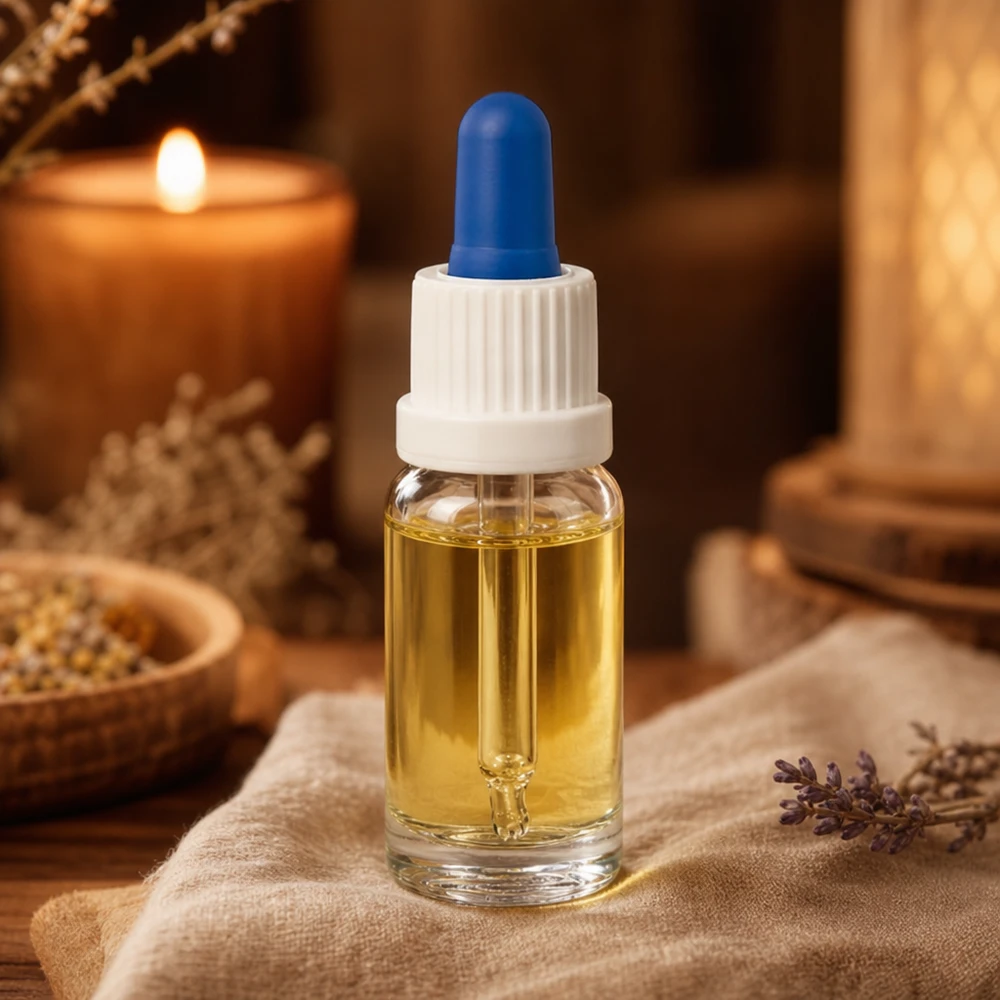 10 ml pipetteflaske hvid/blå OV ClearL. UT18/10 Aromaterapi-pipetteflaske, 10 ml, klart glas med blå gummikugle ved siden af et lys og urter