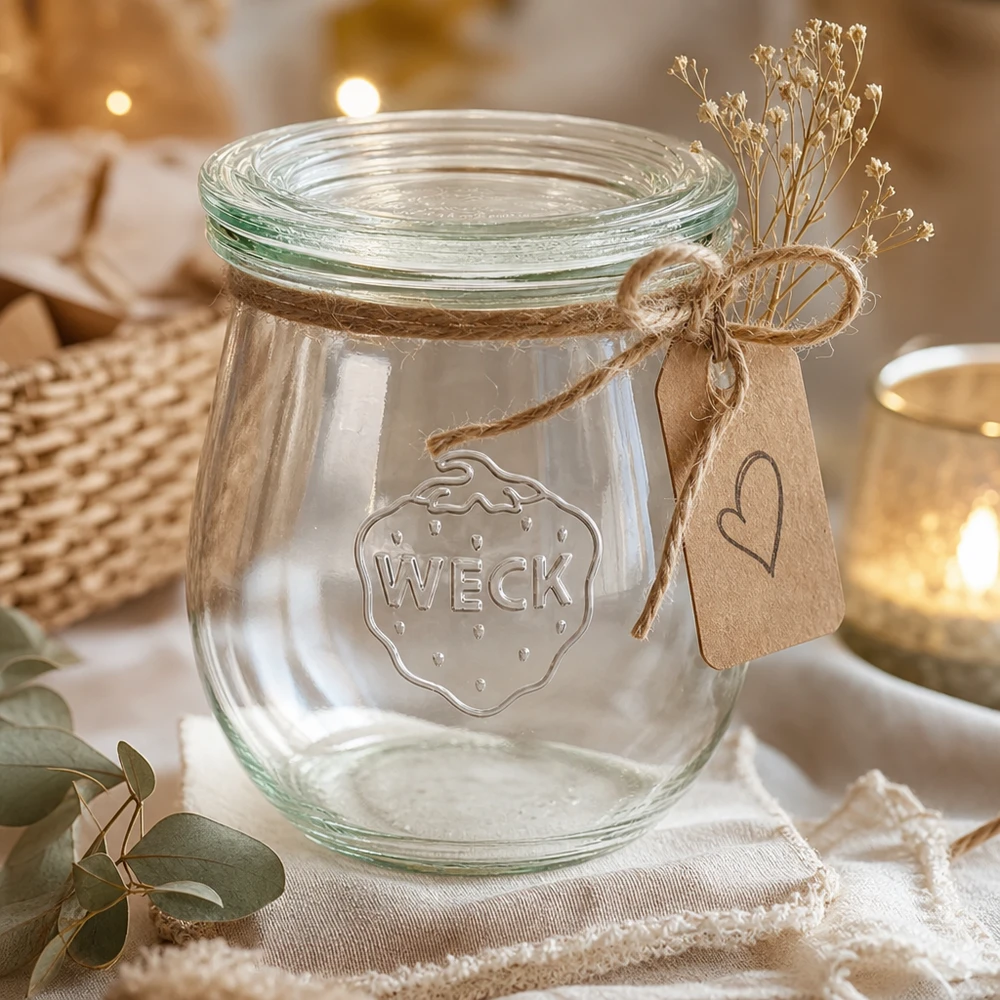220 ml tulpanglas med glaslåg WECK RR60 WECK tulipankrukke 220ml RR60 dekorativ med jutesnor kraftpapirtag og tørrede blomster som gaveidé