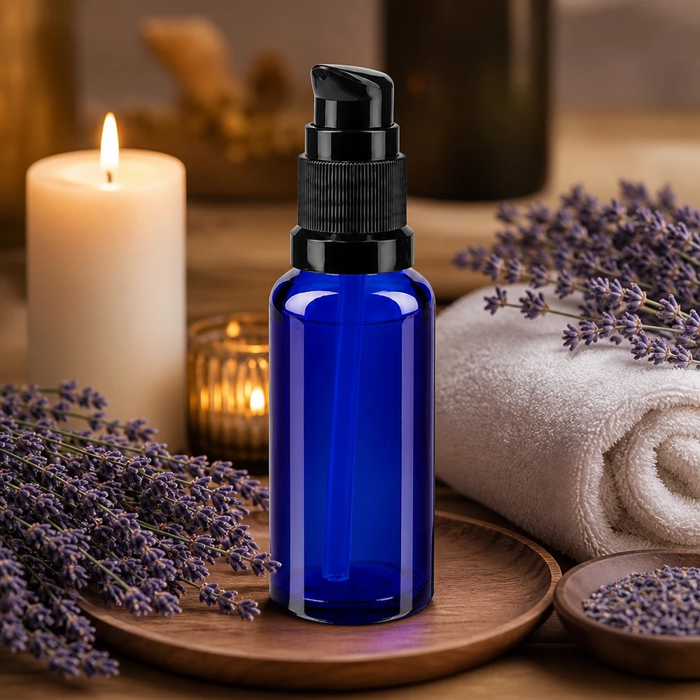 Koboltblå 30 ml pumpeflaske af apotekerglas med sort pumpehoved foran en lavendel-dekoration