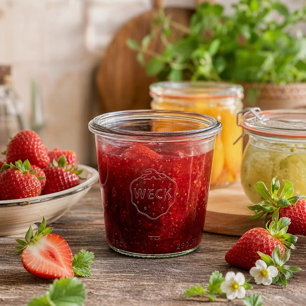 290 ml højt glas med skrå kant, WECK RR80 290 ml WECK RR80-krukke fyldt med jordbærmarmelade ved siden af friske jordbær på træbord rustikt køkken