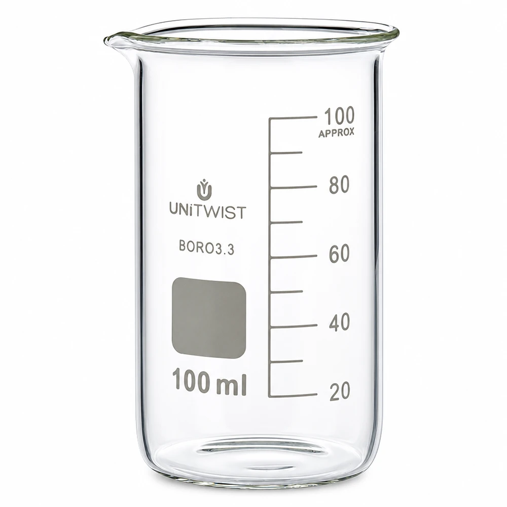 Bæger 100 ml borosilikat, høj form UNITWIST 100 ml beger i høj form af gennemsigtigt borosilikatglas med milliliterskala fra UNITWIST