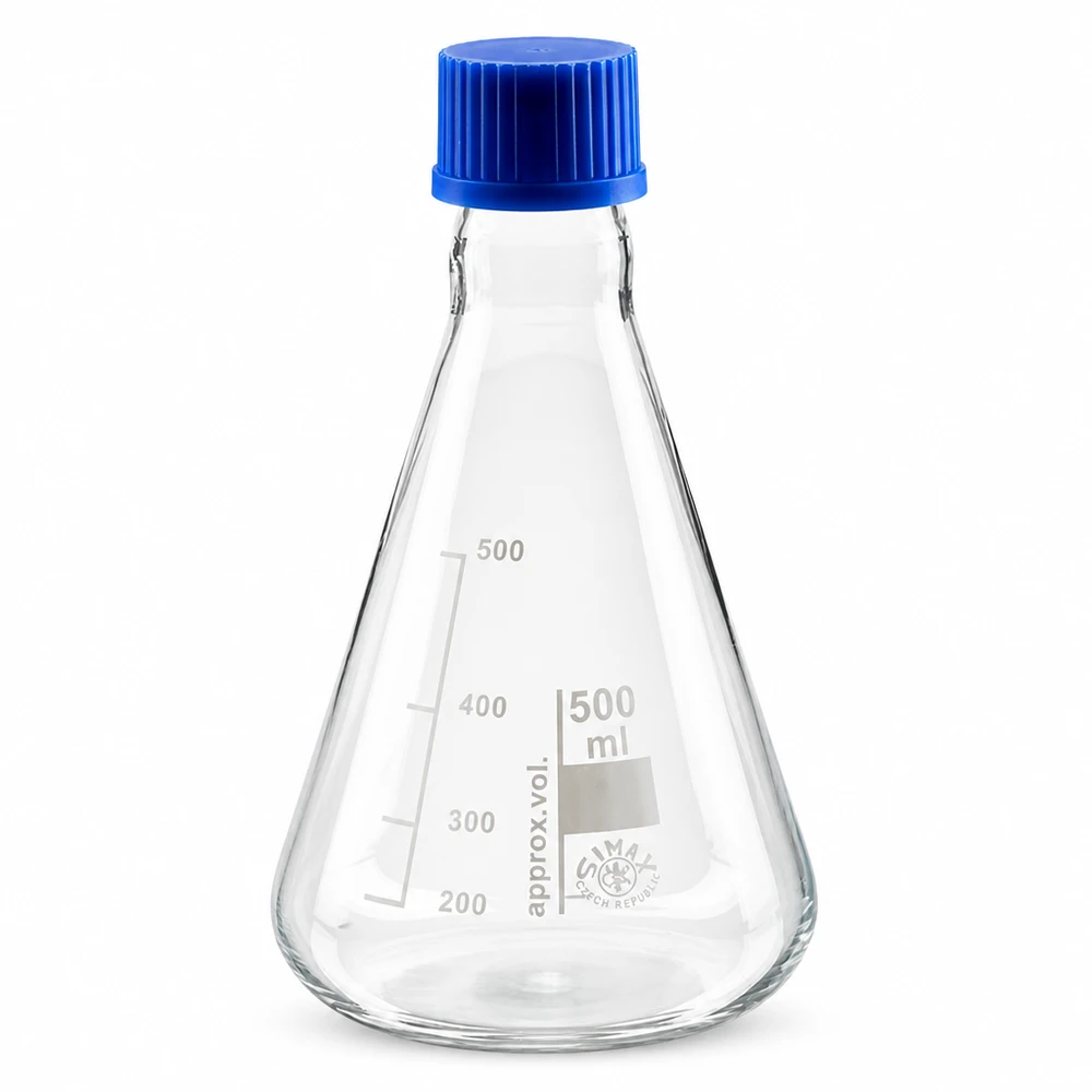 Erlenmeyer-kolbe 500 ml med skruelåg Erlenmeyer-kolbe 500 ml af glas med blåt skruelåg til laboratoriebrug