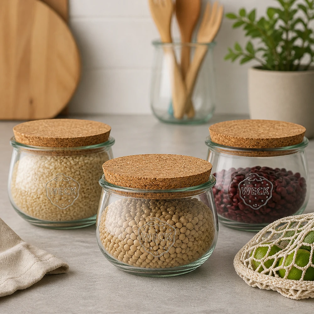 580 ml tulipankrukke WECK RR100 med kork natur WECK tulipankrukker RR100 580 ml med korklåg som opbevaringsglas til bælgfrugter og korn i køkkenet