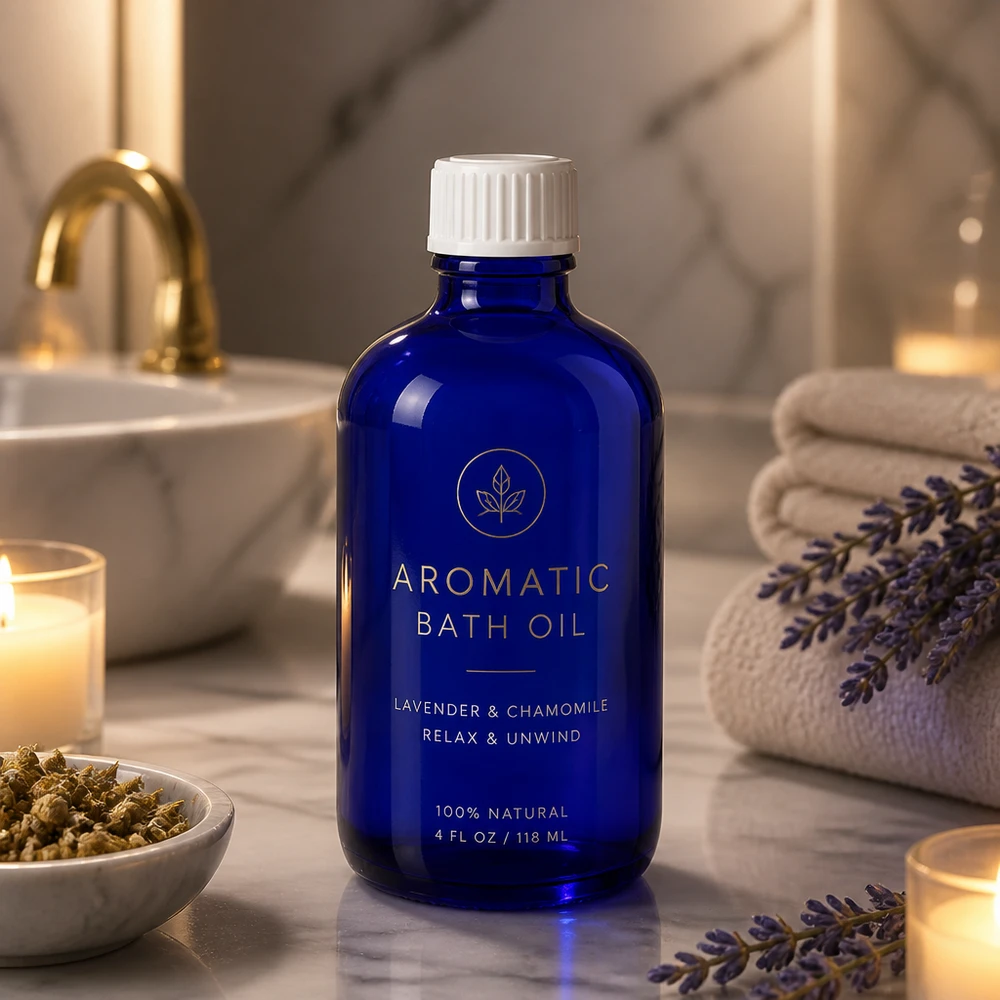 Blå 100 ml glasflaske med hvid doseringsprop til æteriske olier og aromaterapi