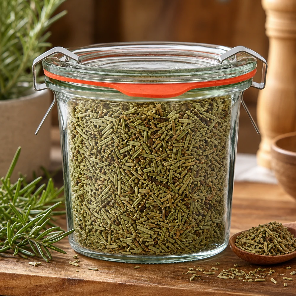 Idé til krydderikrukke: Briller mini mason jar 140 ml WECK-glas på 140 ml fyldt med tørret rosmarin og glaslåg med klemmefastgørelse