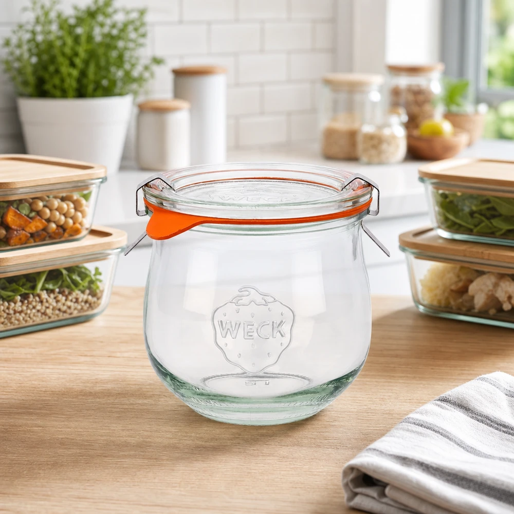 370 ml tulipankrukke komplet WECK RR80 WECK tulipankrukke 370ml RR80 med svingtop på træbordplade i moderne køkken mellem glasskåle