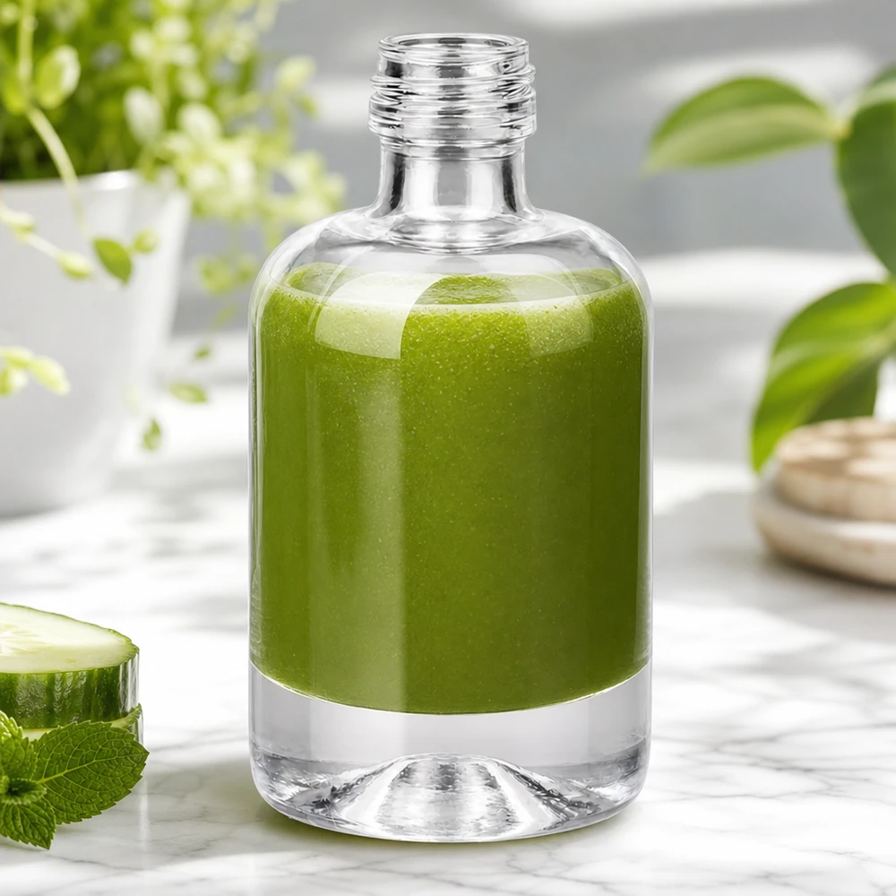 40 ml glasflaske »Sara« uden skruelåg UNiTWIST® 40 ml glasflaske Sara fyldt med grøn smoothie ved siden af agurk og mynte viser naturlig kosmetisk anvendelse