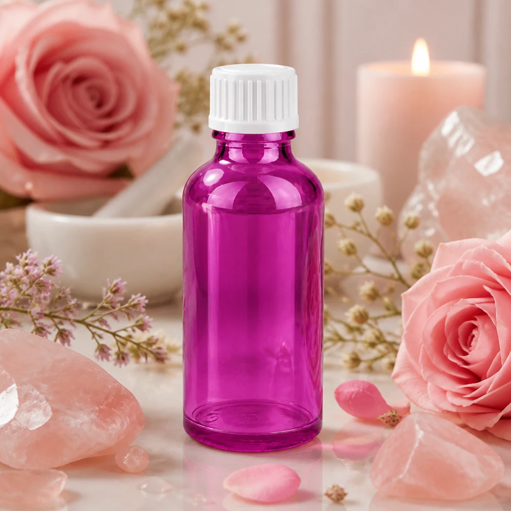 50 ml (globule) flaske 3 mm hældering hvid Standard PurpleLine. UT18/50 50 ml glasflaske i lyslilla med hvidt skruelåg til æteriske olier og kosmetik
