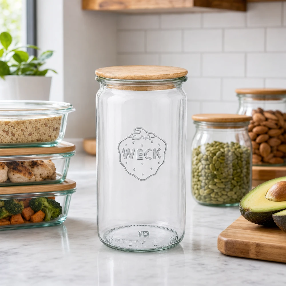 340 ml cylinderglas WECK RR60 med trælåg WECK cylinderglas 340 ml RR60 med trælåg i køkkenmiljø ved siden af beholdere til tilberedning af måltider og opbevaringsglas