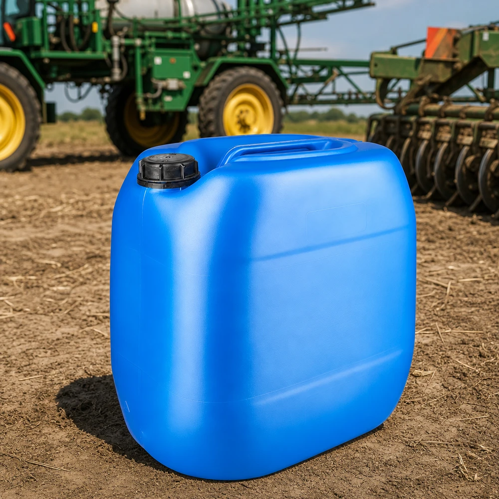 30 liters blå dunk med skruelåg OV Blå 30-liters dunk med OV-skruelåg på en mark ved siden af en traktor