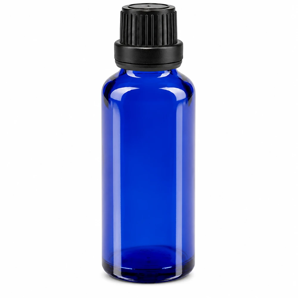 30 ml blå apotekerflaske af glas med sort originalitetslukning og 2 mm dråbeindsats