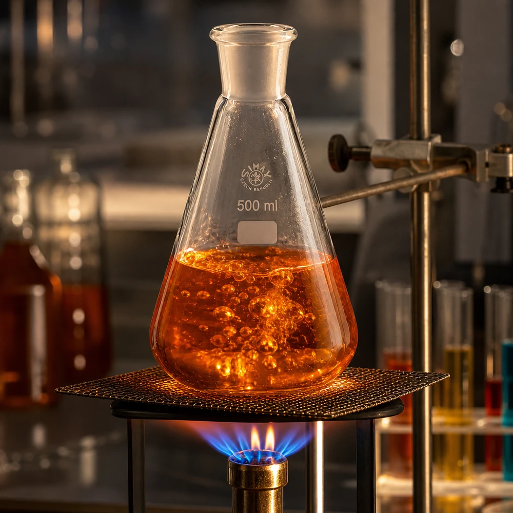 Erlenmeyer-kolbe 500 ml med standard slebet led (29/32) Erlenmeyer-kolbe 500 ml med orange reaktionsopløsning på bunsenbrænder i kemilaboratoriet
