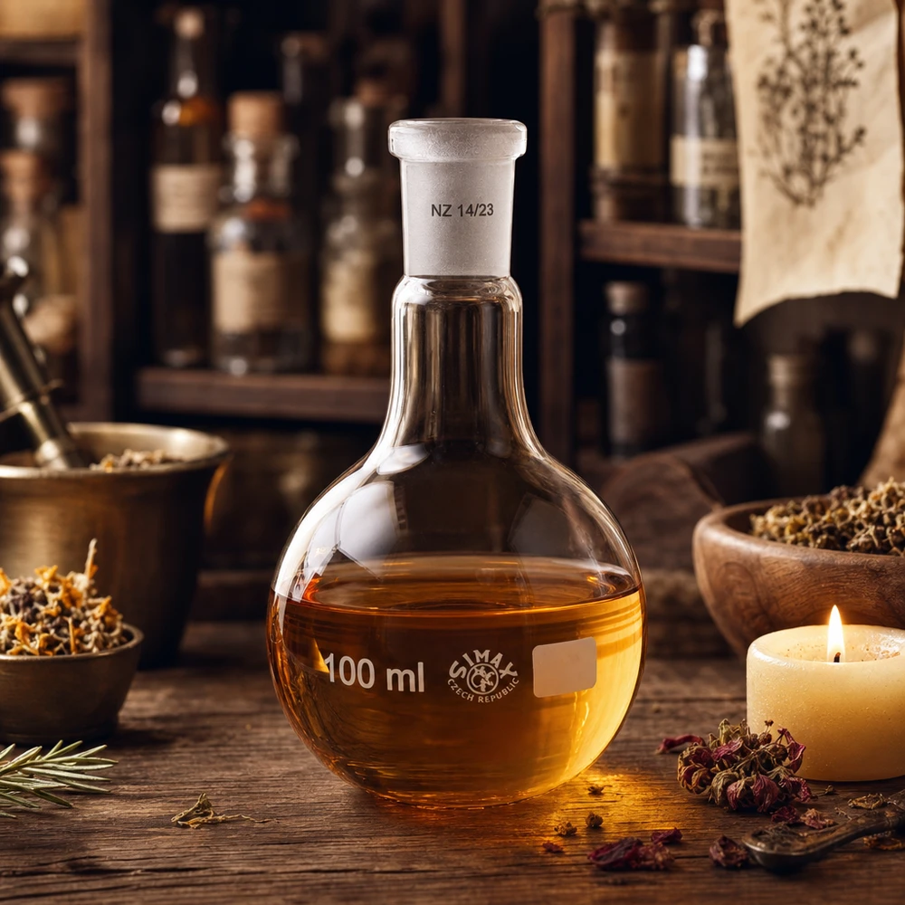 100 ml kolbe med standard slebet led (14/23) Hofteflaske 100 ml med guldfarvet væske og standardmalet led 14/23 til organisk kemi