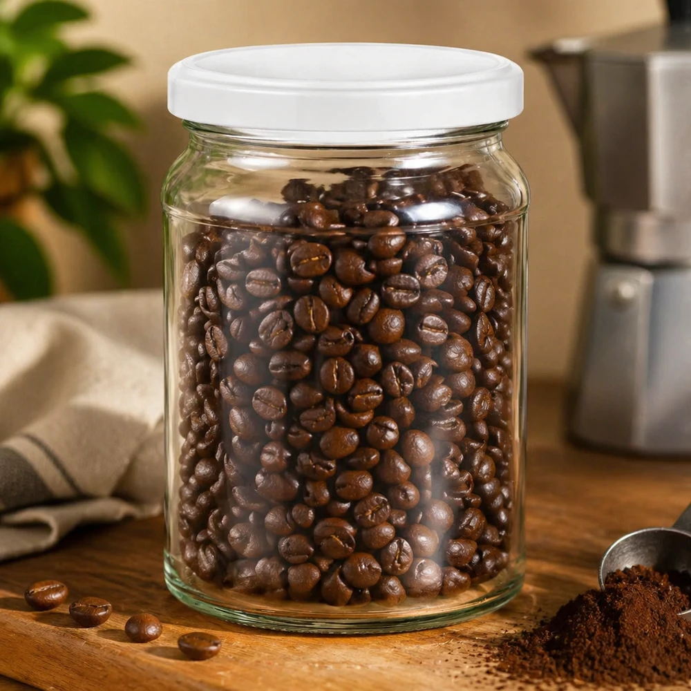 205 ml rund krukke med BasicSeal-låg hvid UNiTWIST 205 ml rund krukke UNiTWIST fyldt med kaffebønner - lufttæt opbevaringskrukke til kaffe og tørre fødevarer