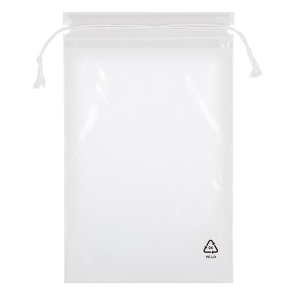 Pose med snor (pakke med 100) 150x210mm. Fremstillet af klar LDPE. Fødevaresikker. Med bomuldssnor. 50 µm tyk. Pose med snor (pakke med 100) 150x210mm. Fremstillet af klar LDPE. Fødevaresikker. Med bomuldssnor. 50 µm tyk.