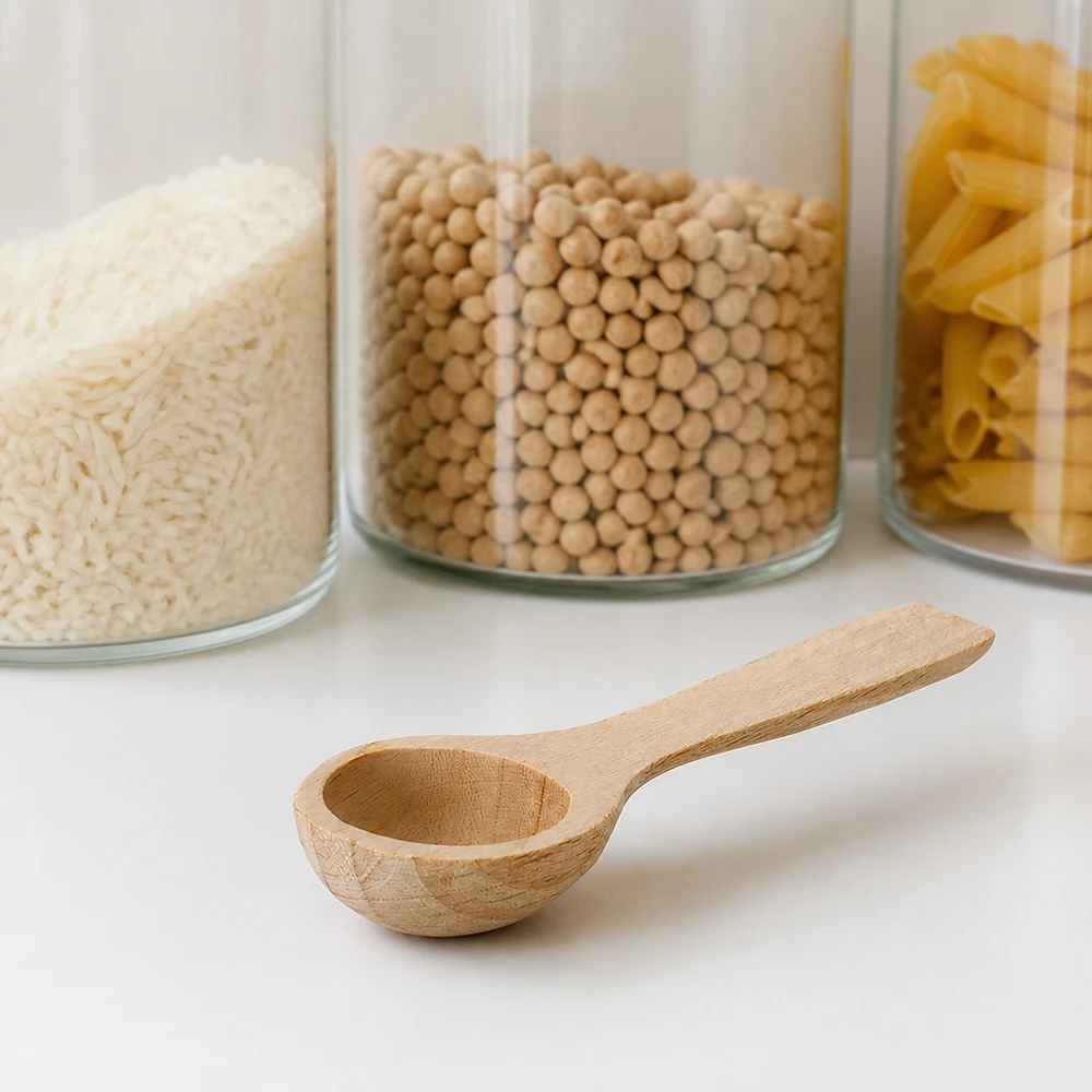 Bøgetræsskovl S foran opbevaringsglas med ris kikærter pasta køkkenorganisation naturmateriale