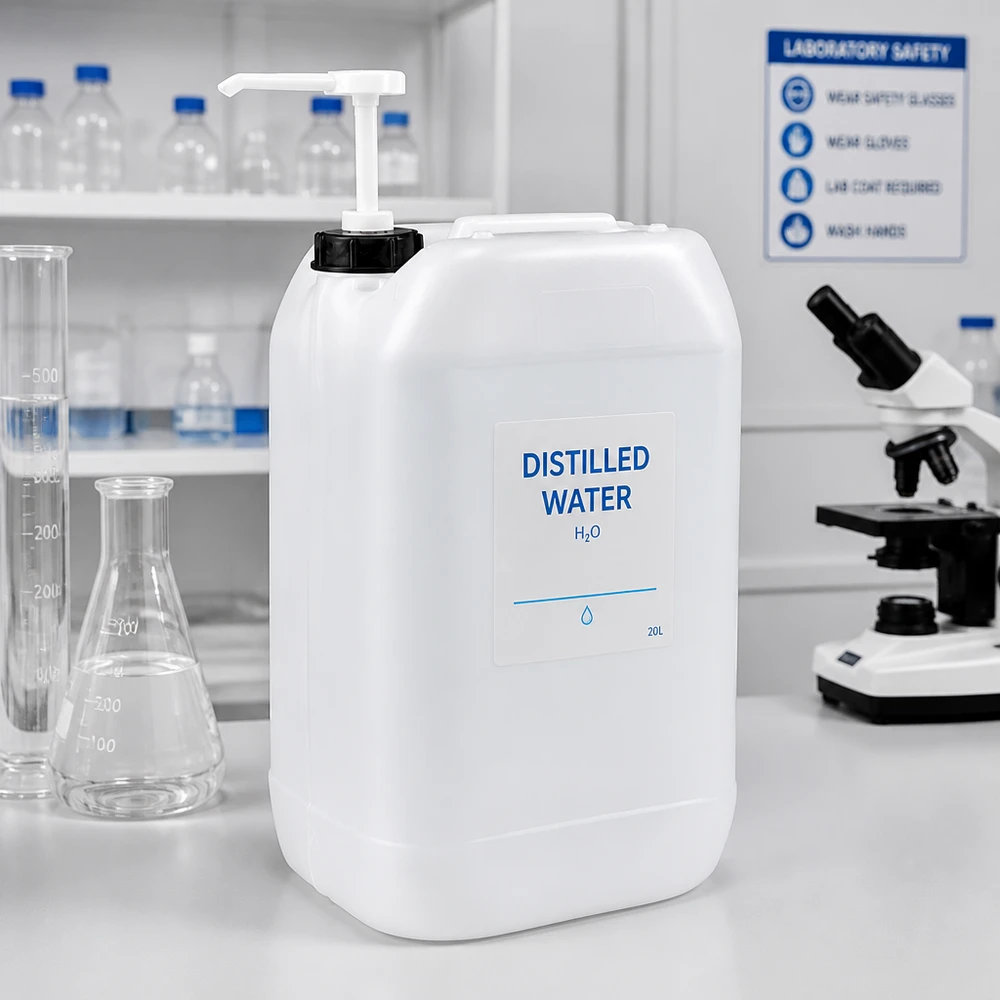 Beholder 15 liter med doseringspumpe 15-liters dunk med doseringspumpe i et laboratoriemiljø ved siden af et mikroskop og en Erlenmeyer-kolbe