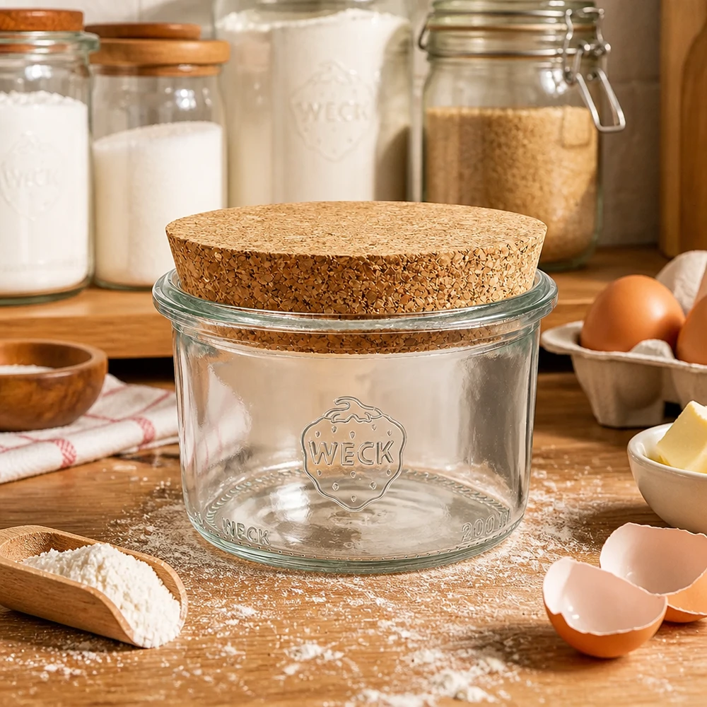 200 ml Briller WECK RR80 med kork natur WECK-glas 200 ml RR80 med korklåg på træbordplade omgivet af bageingredienser mel æg og smør