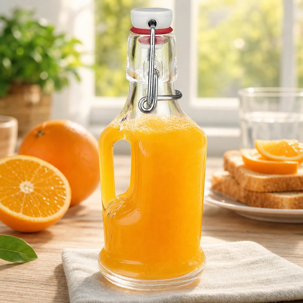 200 ml glasflaske »Bertha« og porcelænshængelåg UNiTWIST® UNiTW-glasflaske Bertha 200 ml fyldt med appelsinjuice ved siden af friske appelsiner og ristet brød swing top-morgenmadsscene