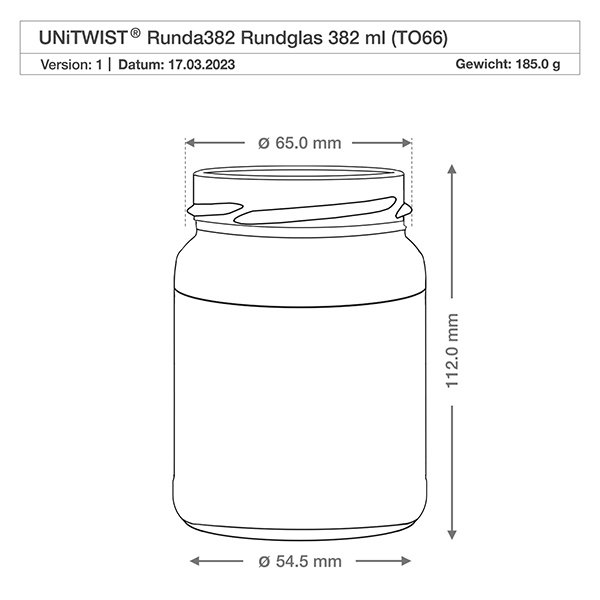 UNiTWIST Runda382 - Rund krukke med en kapacitet på 382 ml TO66 UNiTWIST Runda382 rundt glas 382ml TO66 teknisk tegning med mål Diameter 65mm Højde 112mm Vægt 185g