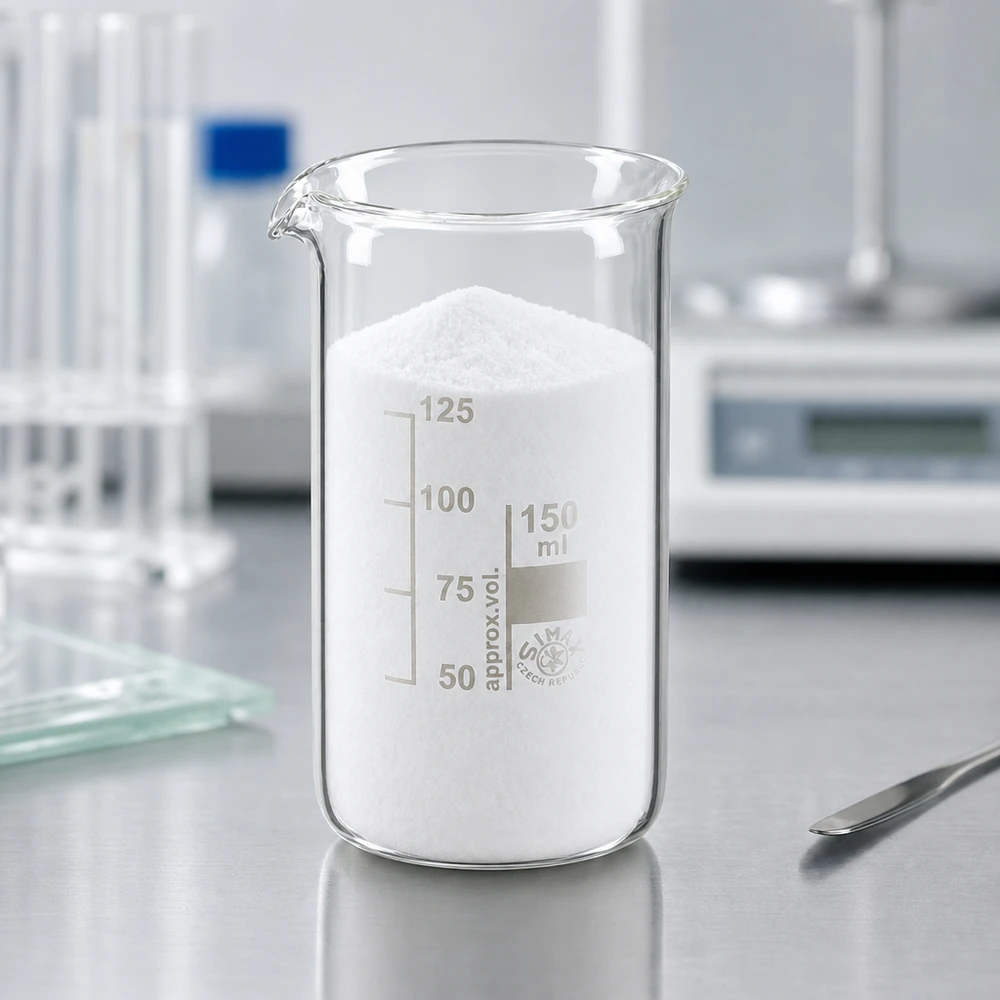 Bægerglas 150 ml borosilikatglas, høj form Et 150 ml bægerglas i høj udformning, fyldt med hvidt pulver, på en laboratoriebordplade af rustfrit stål