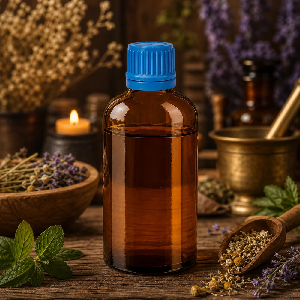 100 ml flaske 11 mm SV blå OV BrownLine UT18/100 Kompakt 100 ml glasflaske i brun med blå hætte til naturmedicin og tinkturer