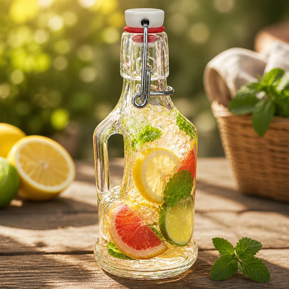 200 ml glasflaske »Bertha« og PVC-skruelåg UNiTWIST® 200 ml glasflaske Bertha med citron-grapefrugt-infusion, mynte, swing top UNiTWIST, udendørs atmosfære