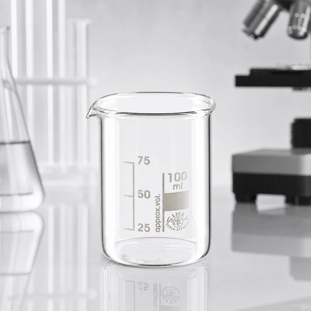 Bægerglas 100 ml borosilikatglas, lav form Gennemsigtigt bægerglas 100 ml med lav form lavet af borosilikatglas til kemiske anvendelser i laboratoriet