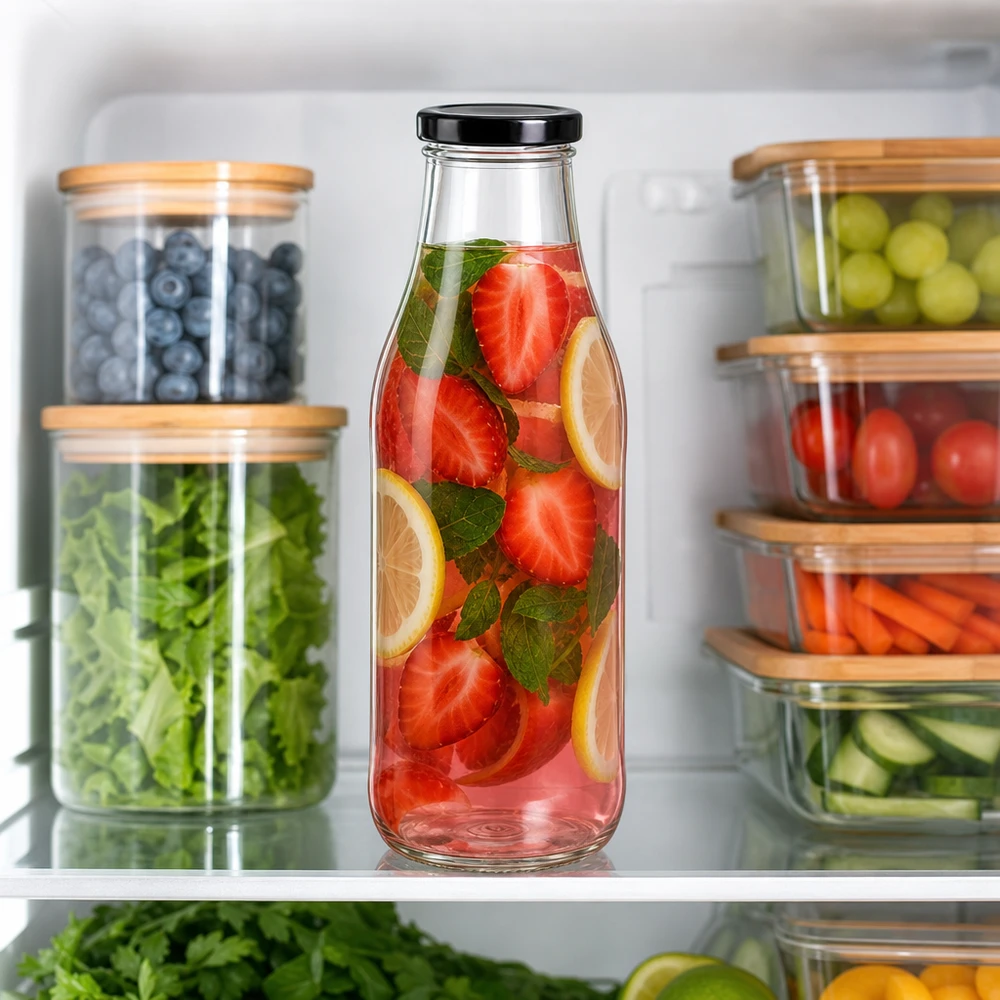 1000 ml glasflaske + BasicSeal-låg sort UNiTWIST. Absolut lækagesikker med stort TO48-låg. Til mælk, juice og limonade. 1000ml Glasflasche mit Erdbeer-Zitronen-Getränk im Kühlschrank zwischen organisierten Lebensmittelbehältern