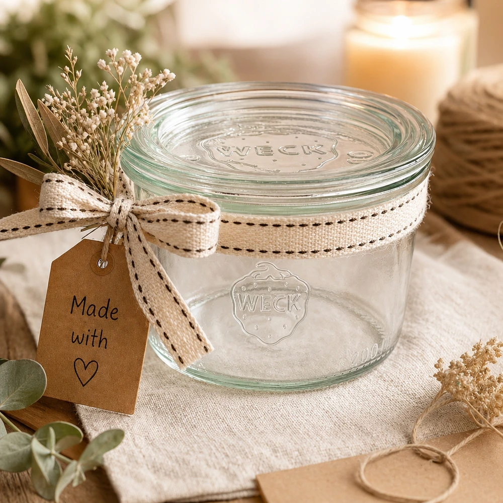 200 ml Briller med glaslåg WECK RR80 WECK-glas 200 ml RR80 som gave dekoreret med bånd og Made with Love-tag