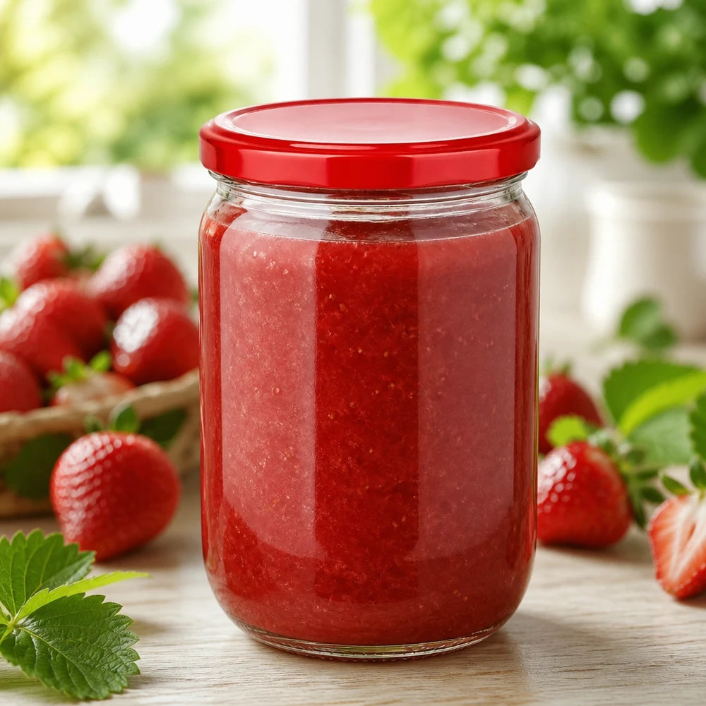 555 ml rundt glas + BasicSeal-låg, rød, UNiTWIST 555 ml UNiTWIST-glas med rødt BasicSeal-låg, fyldt med frisk jordbærmarmelade, på et træbord