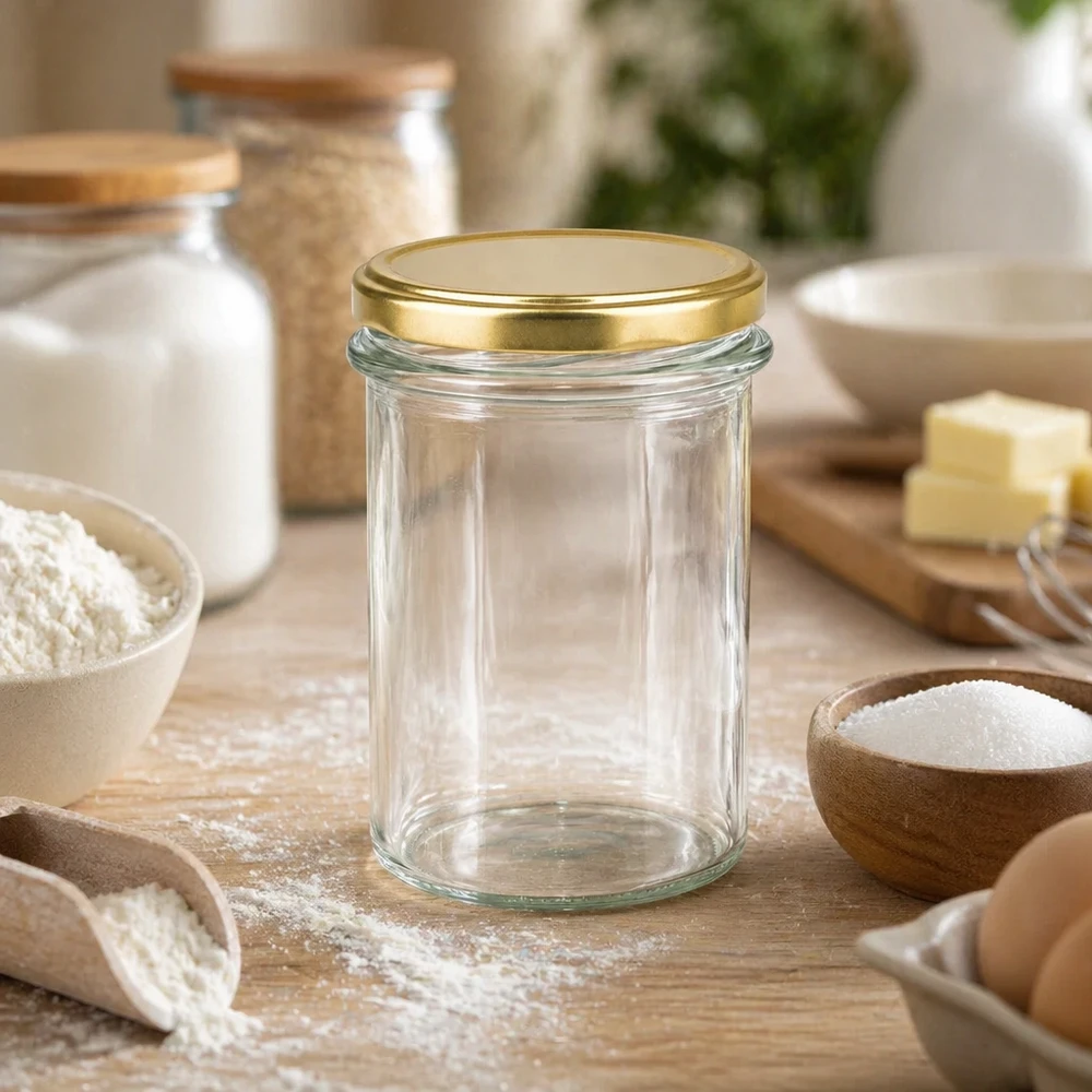 230 ml Briller med BasicSeal-låg guld UNiTWIST 230 ml-bægre tomme med gyldent BasicSeal-låg UNiTWIST i køkkenet omgivet af bageingredienser og træskåle