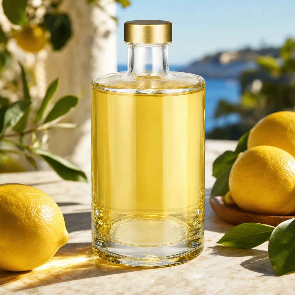 375 ml glasflaske Sam + skruelåg guld UNiTWIST® 375 ml glasflaske Sam med citruslikør gyldent skruelåg UNiTWIST lemon limoncello Middelhavsstemning