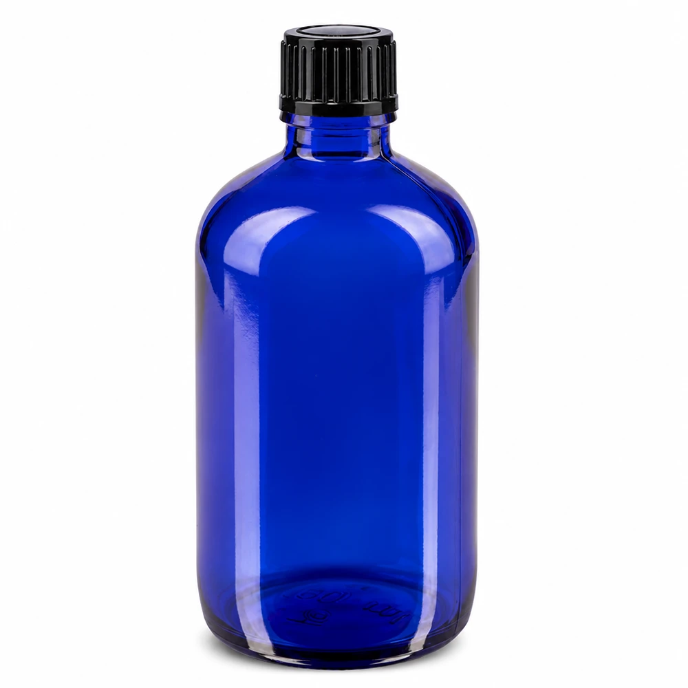 100 ml blå apotekerflaske af glas med sort skruelåg og 1 mm dråbeindsats