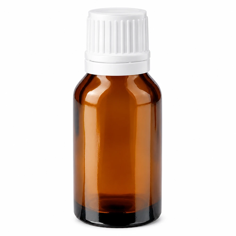 30 ml brun apotekerflaske af glas med hvid skruelåg og sikkerhedslåg