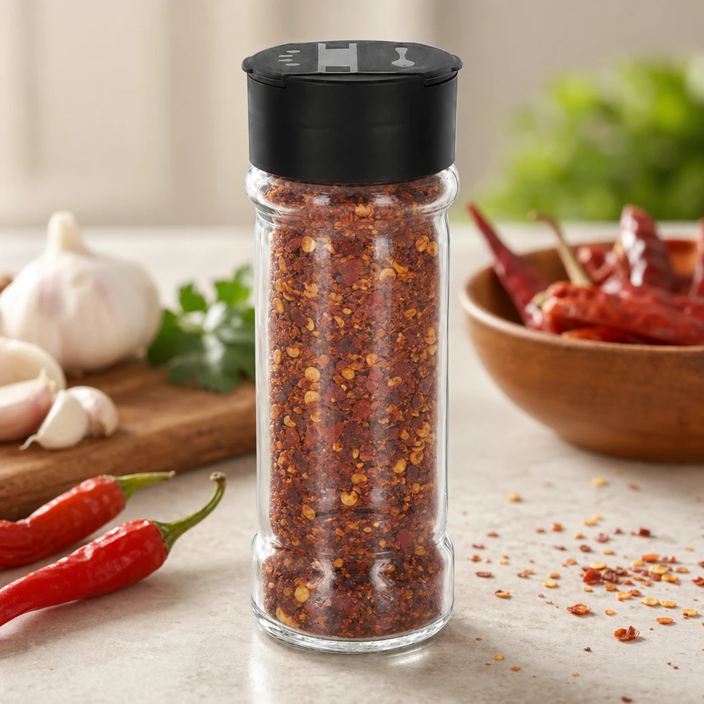 Salt-/krydderikrukke 100 ml med dobbelt strøer, sort Krydderiglas på 100 ml fyldt med chiliflager og med sort strøelåg på køkkenbordet