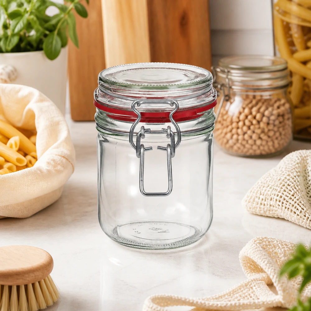 400 ml opbevaringsglas, type G, med bøjlelåg UN.. Robust 400 ml opbevaringsglas med solid metalclipslukning til langvarig køkkenorganisering
