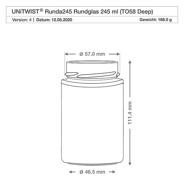 UNiTWIST Runda245 - Rund krukke med en kapacitet på 245 ml TO58deep UNiTWIST Runda245 rundt glas 245ml TO58 Dyb teknisk tegning med dimensioner 57mm diameter 111,4mm højde 168g
