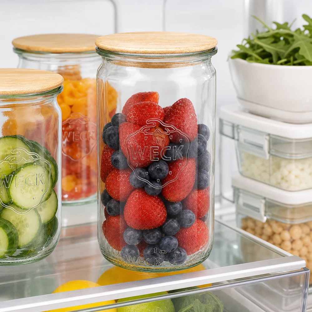 340 ml cylinderglas WECK RR60 med trælåg WECK cylinderglas 340 ml RR60 med trælåg fyldt med friske bær, der holder sig friske i køleskabet