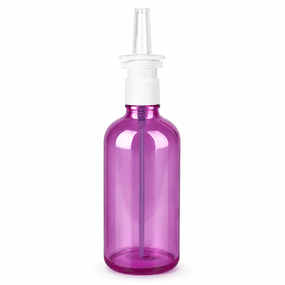 100 ml næsesprayflaske hvid/transparent standard PurpleLine UT18/100 100 ml næsesprayflaske lilla transparent med hvid spraytilslutning UT18-gevind PurpleLine